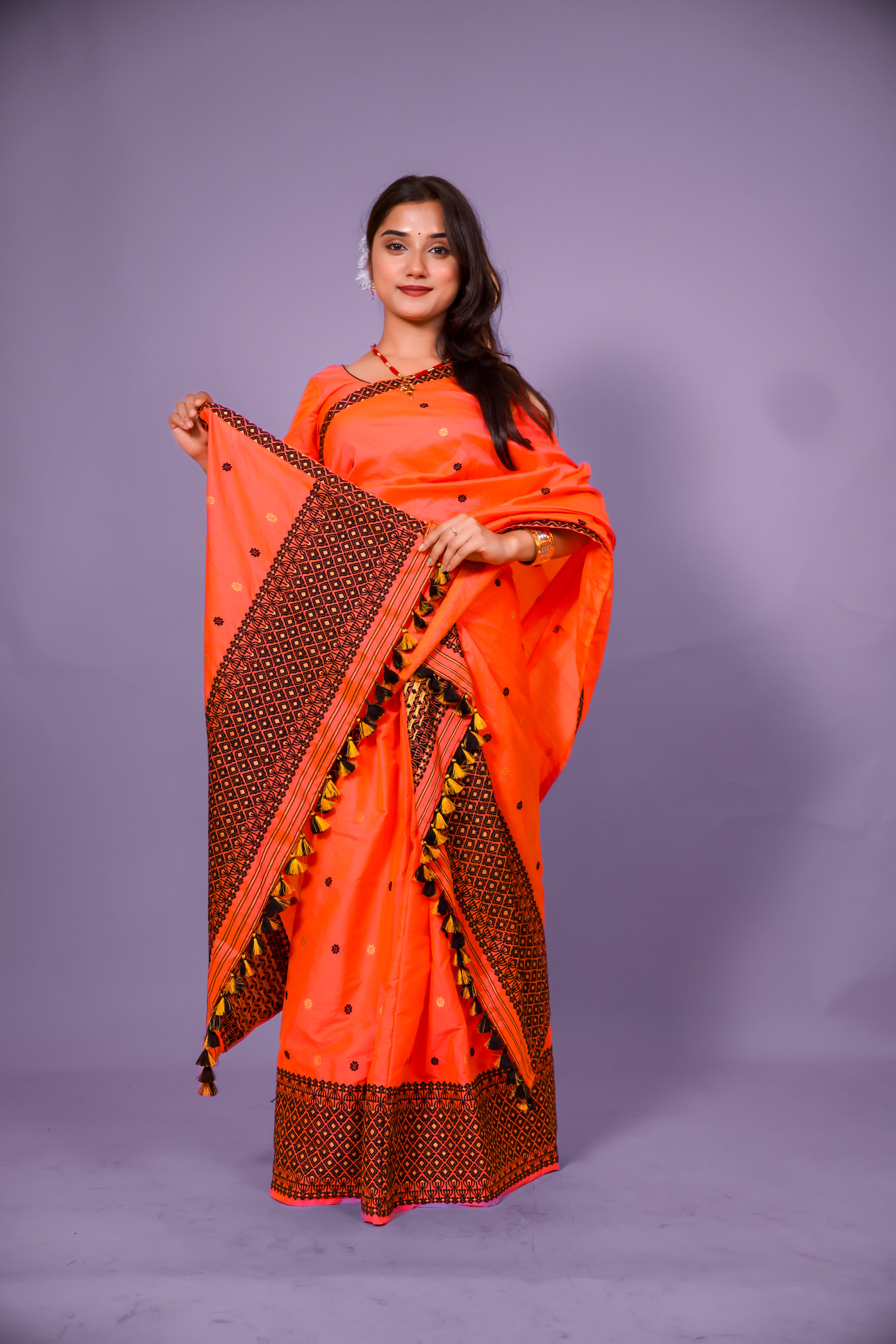 Assam Handloom Mekhela Chador - Bright Orange Mixed Pat Silk Saree